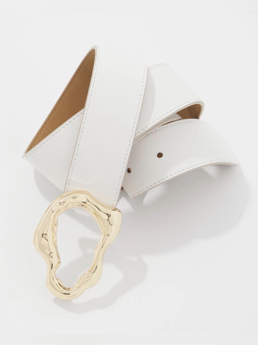 WHBM White Leather Belt Gold Sculptural Statement Buckle Anthropologie Style L